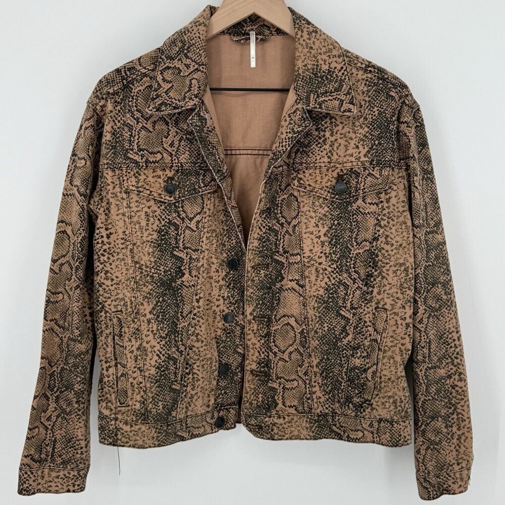Free People Snakeskin Print Trucker Denim Jacket Brown Size XS